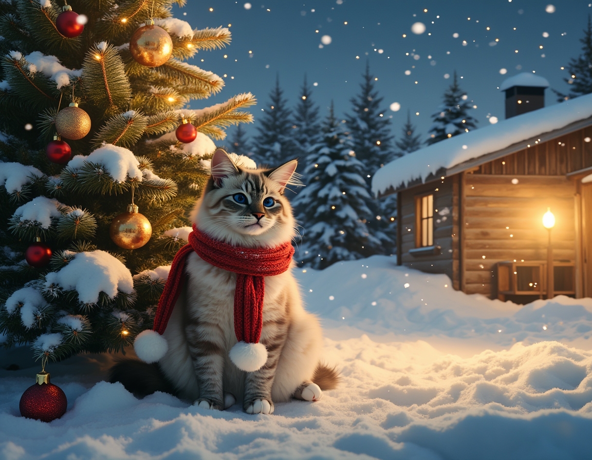 Cat sits beside a glowing Christmas tree, wearing a festive scarf and Santa hat. Snow falls gently, with a cozy cabin and snow-covered trees in the background.